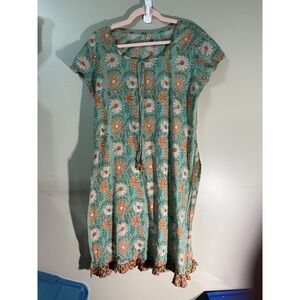 Aris Dress Womens XL Green Floral Midi Shirt Dress Ruffle Rayon Cap Sleeve